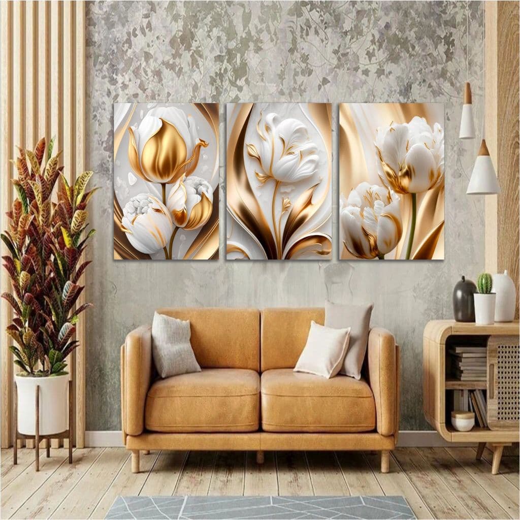 Quadros Decorativos para Sala 3 peças Tulipas Flores brancas e douradas Quarto Escritório
