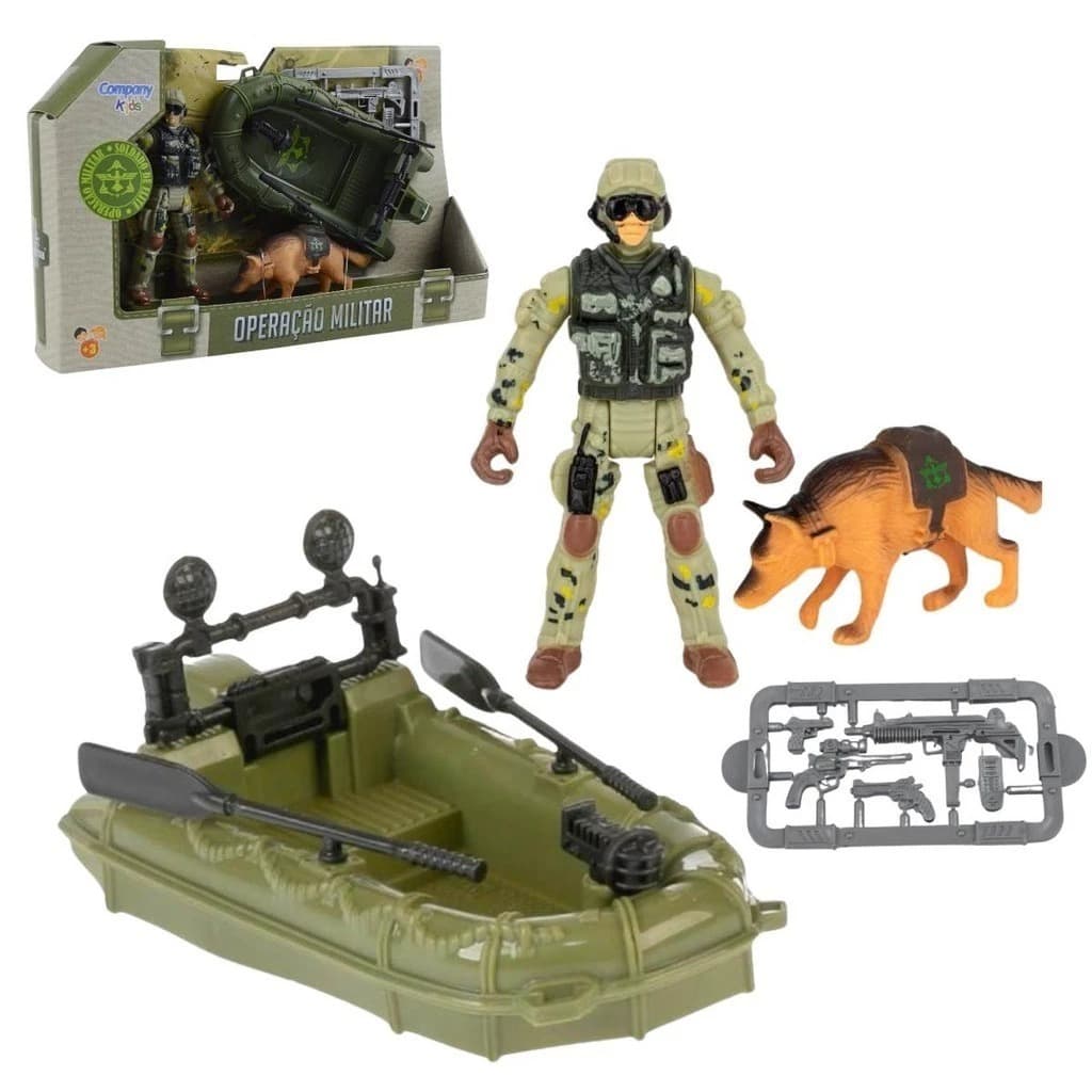 Kit Soldado Militar com Barco, Cachorro e Armas – Brinquedo de Ação Infantil