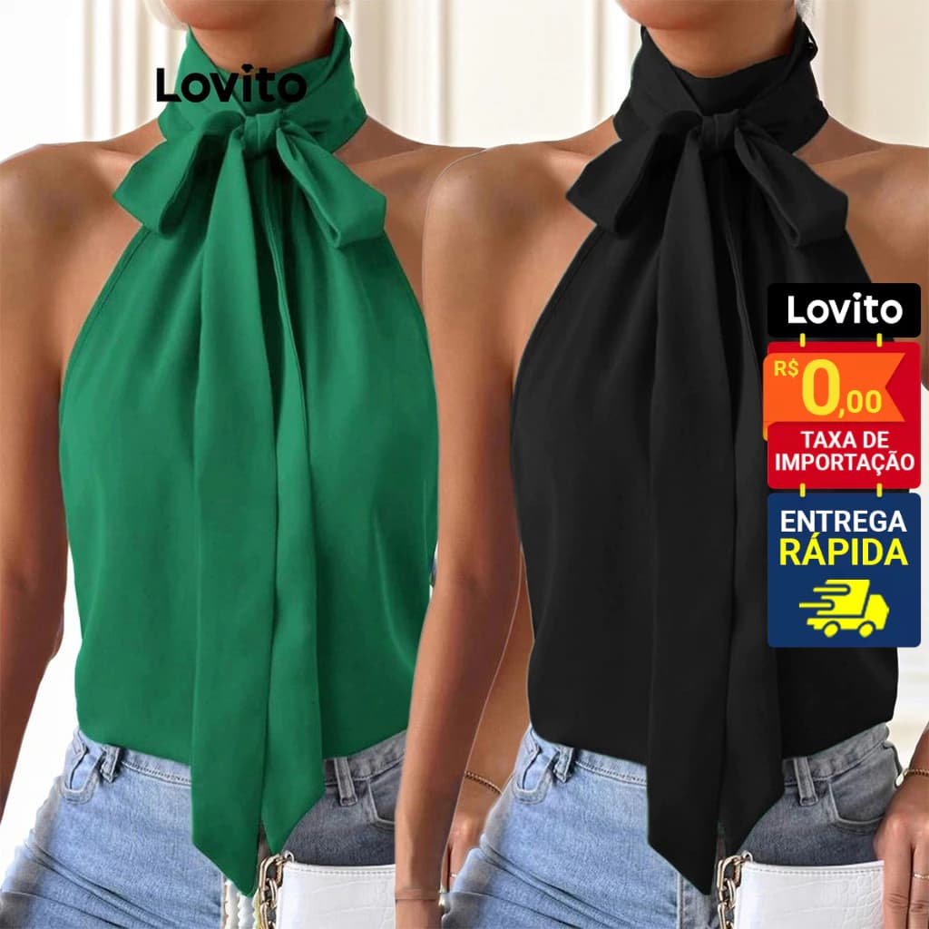 Lovito Top Halter com Laço Frontal Frente unica Sem mangas Elegante Feminina BLB4BR049