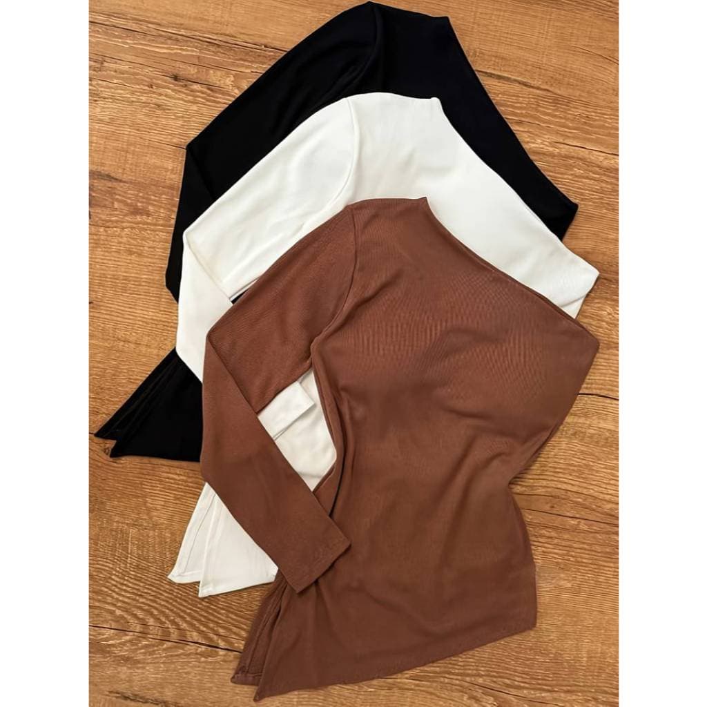KIT 3 Blusinha Feminina Assimetrica Canelada Um Ombro Só com Manga Longa ribana Basica Mula Manca