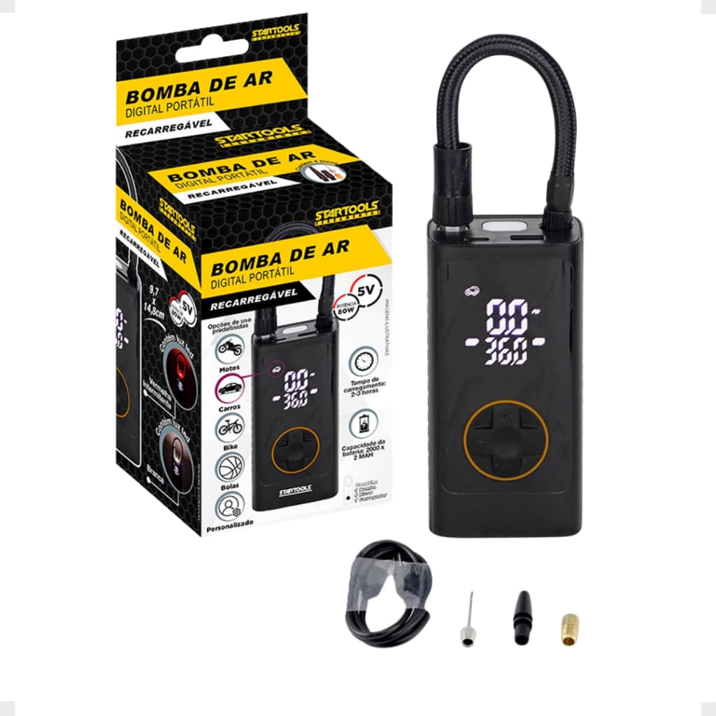 Bomba De Ar Portatil Compacta Digital Carro Moto Bicicleta Bola