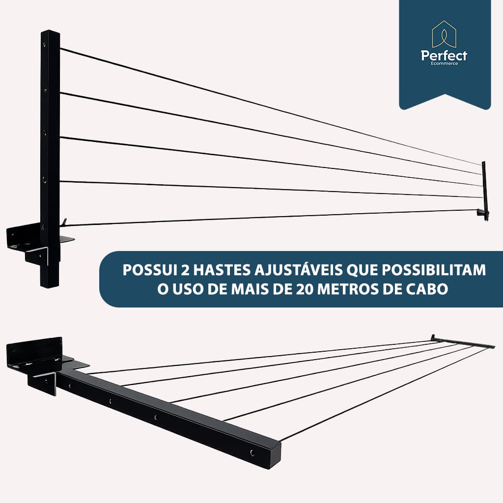 Varal Retrátil Parede Dobrável 50kg Aço + Cabo 20m Preto