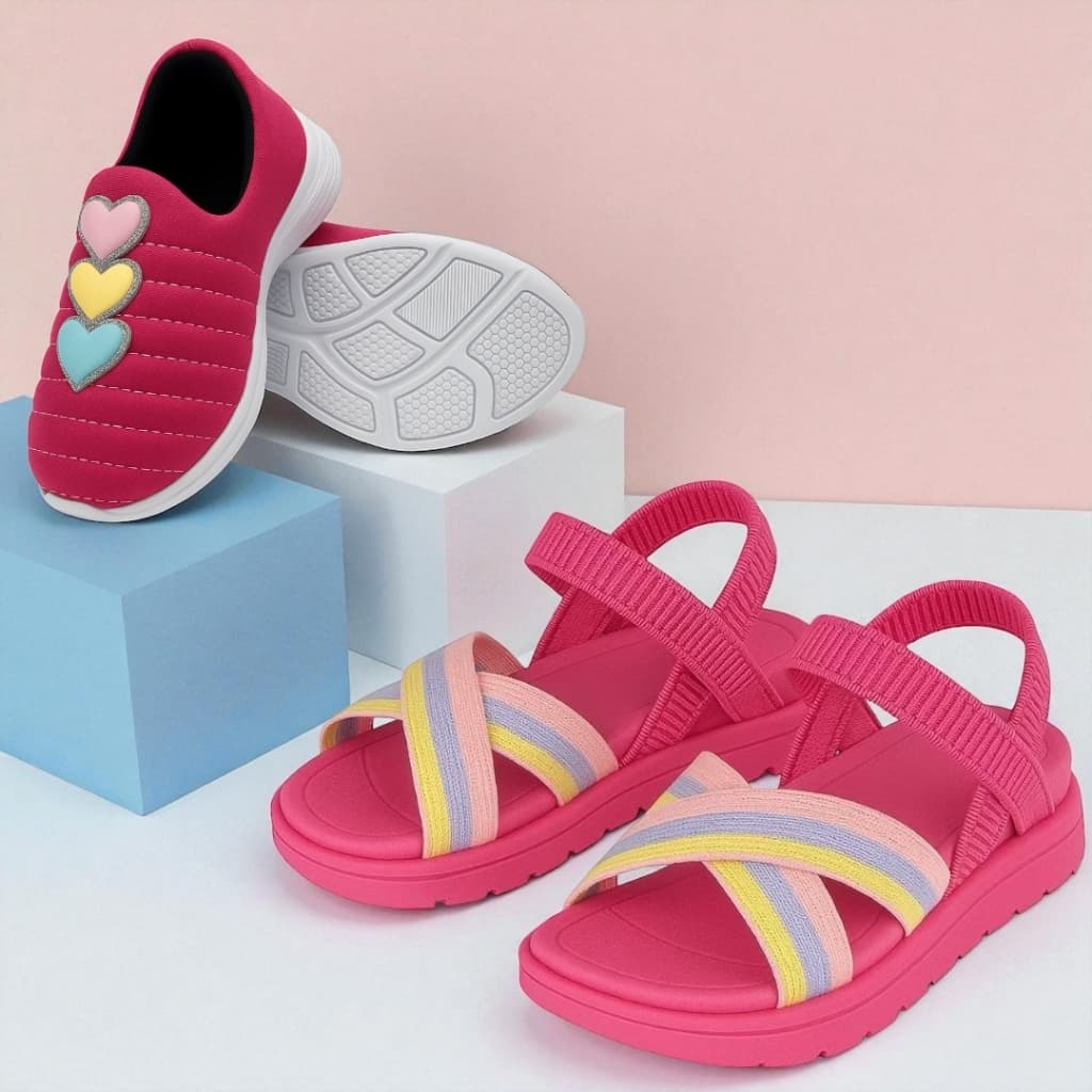 Kit Calçado Infantil Feminino Tênis Calce Fácil + Sandália Rosa Menina
