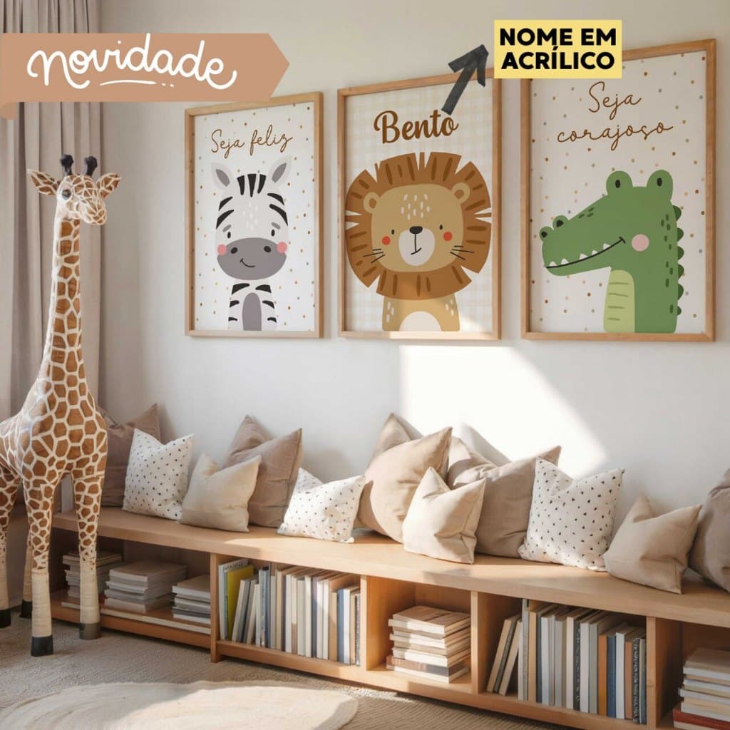 Quadro Decorativo 3 peças SAFARI BABY Decoração Quarto Infantil Menino - NOME EM ACRÍLICO KSMGG22