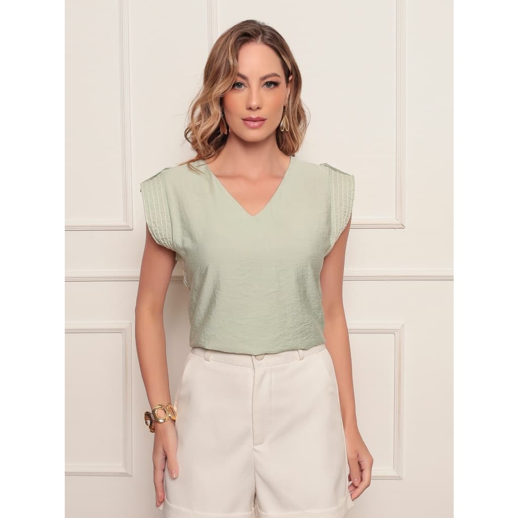 BLUSA FEMININA ELEGANTE VISCOSE LEVE E CONFORTAVEL DECOTE V BOTÃO LISTRA OMBRO FESTAS ANO NOVO NATAL