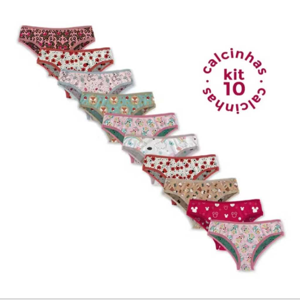 Kit 10 Calcinhas Feminina Infantil Microfibra com Forro de Algodão  Estampada Confortável .