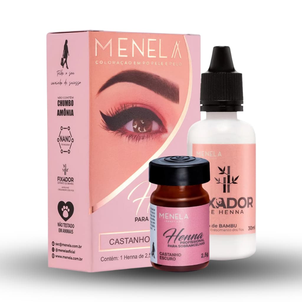 Kit Henna Castanho Escuro Profissional para Sobrancelhas Menela Cor Natural e Duradoura