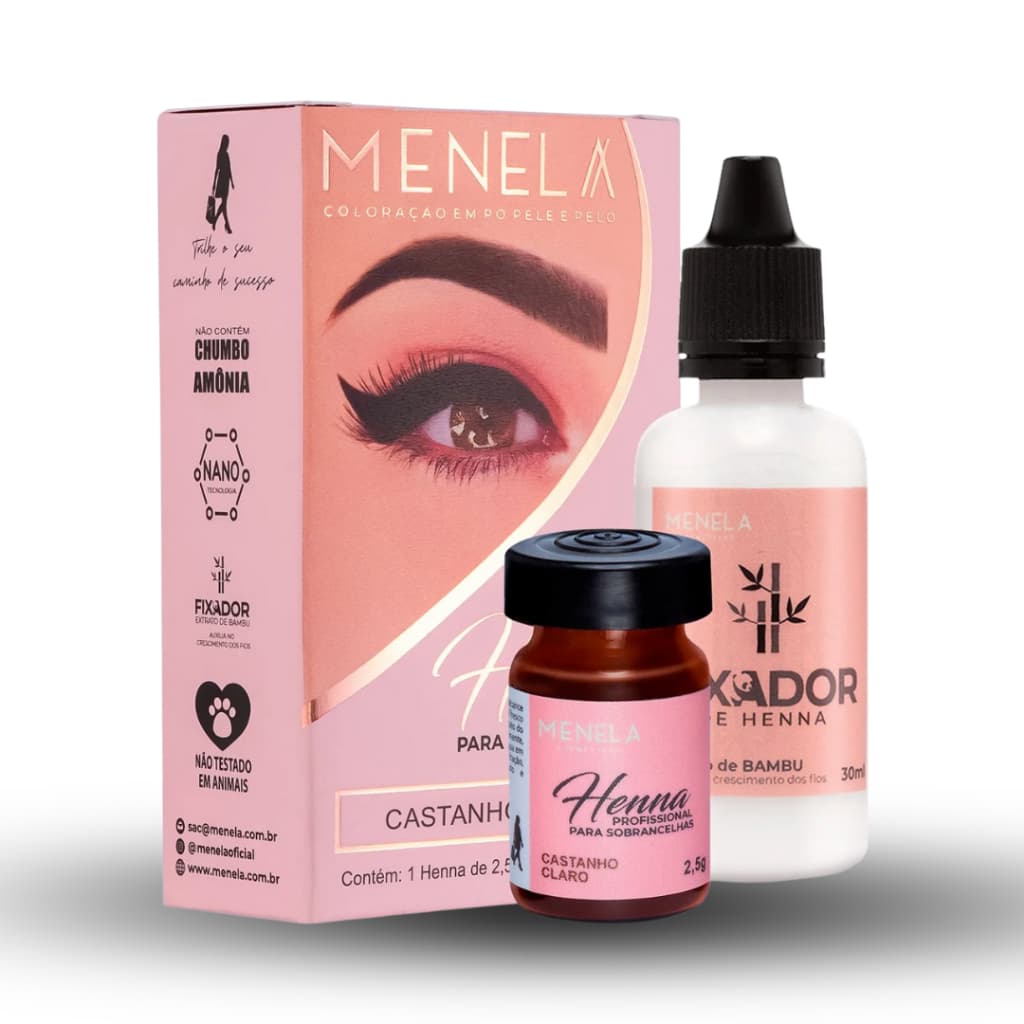 Kit Henna Castanho Claro Profissional para Sobrancelhas Menela Cor Suave e Natural
