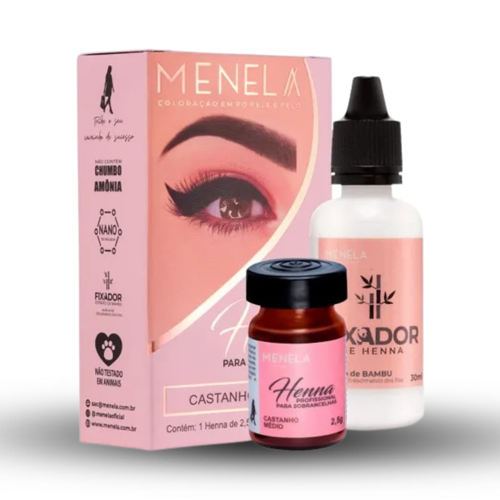 Kit Henna Castanho Médio Profissional para Sobrancelhas Menela Cor Natural e Uniforme