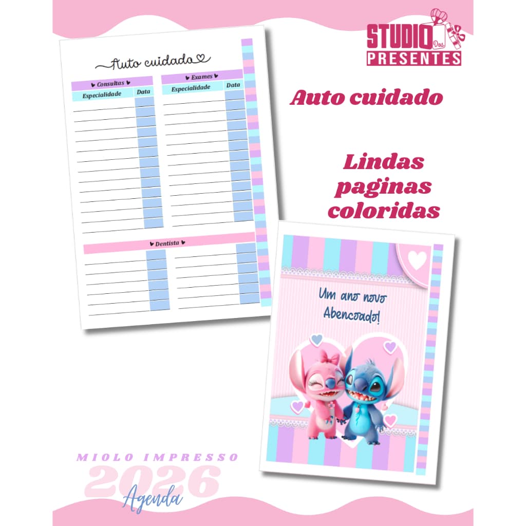 KIT COM 3 miolos 1dpp 380 paginas  STITI E ANGELA a5 pronto pra encadernaçao / agenda 2026 fofa e colorida