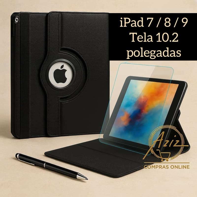 Kit Completo para iPad 7/8/9 10.2” – Capa Giratória 360° + Película Vidro 9H + Caneta 2 em 1 (Escreve e Touch)