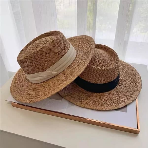 Chapeu Palheta  Aba 10cm De Palha Faixa De Tecido Estiloso Feminino Passeio Praia Unissex Proteção