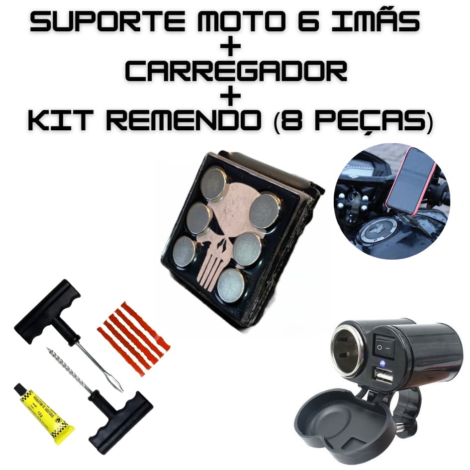 Suporte de Celular 6 Imãs + Kit Remendo + Carregador para Moto Kit Motoboy