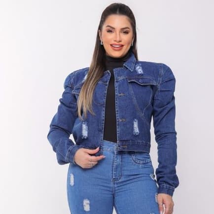 Jaqueta Jeans Cropped Feminina Curta com Botões Casaco Jeans Lançamento