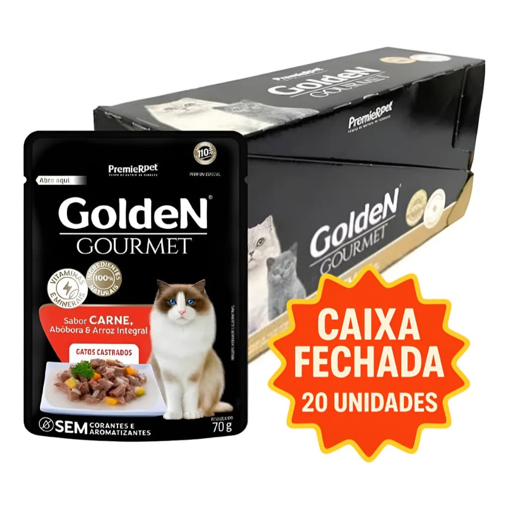 Kits Saches Ração Úmida Golden Gourmet Para Gatos Castrados Sabor Carne 70g C/ 5-10-15-20 unidades