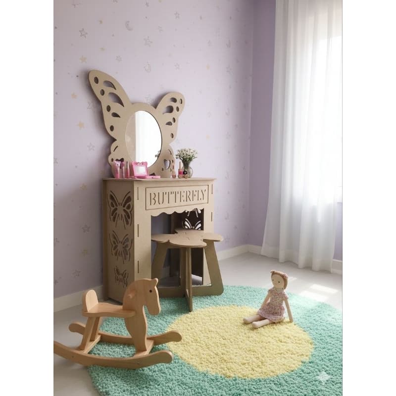 Penteadeira Infantil Borboleta com Banquinho em MDF Cru – 62x103 cm