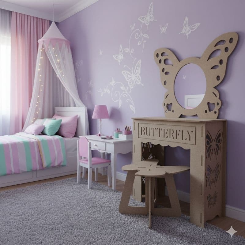 Penteadeira Infantil Borboleta com Banquinho em MDF Cru – 62x103 cm
