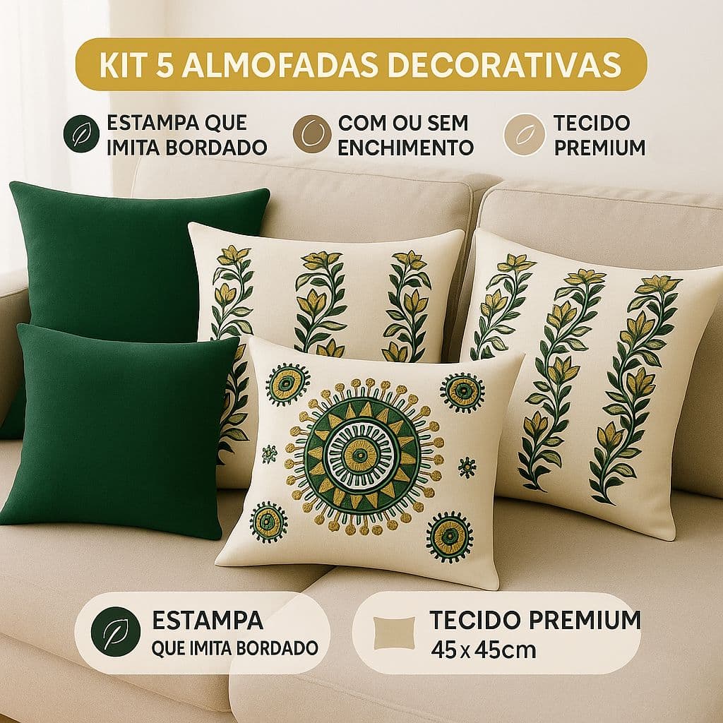 Kit 5 Almofadas Verdes Decorativas Linho + Bouclé | 3 Estampadas e 2 Lisas | Sofá Sala Quarto
