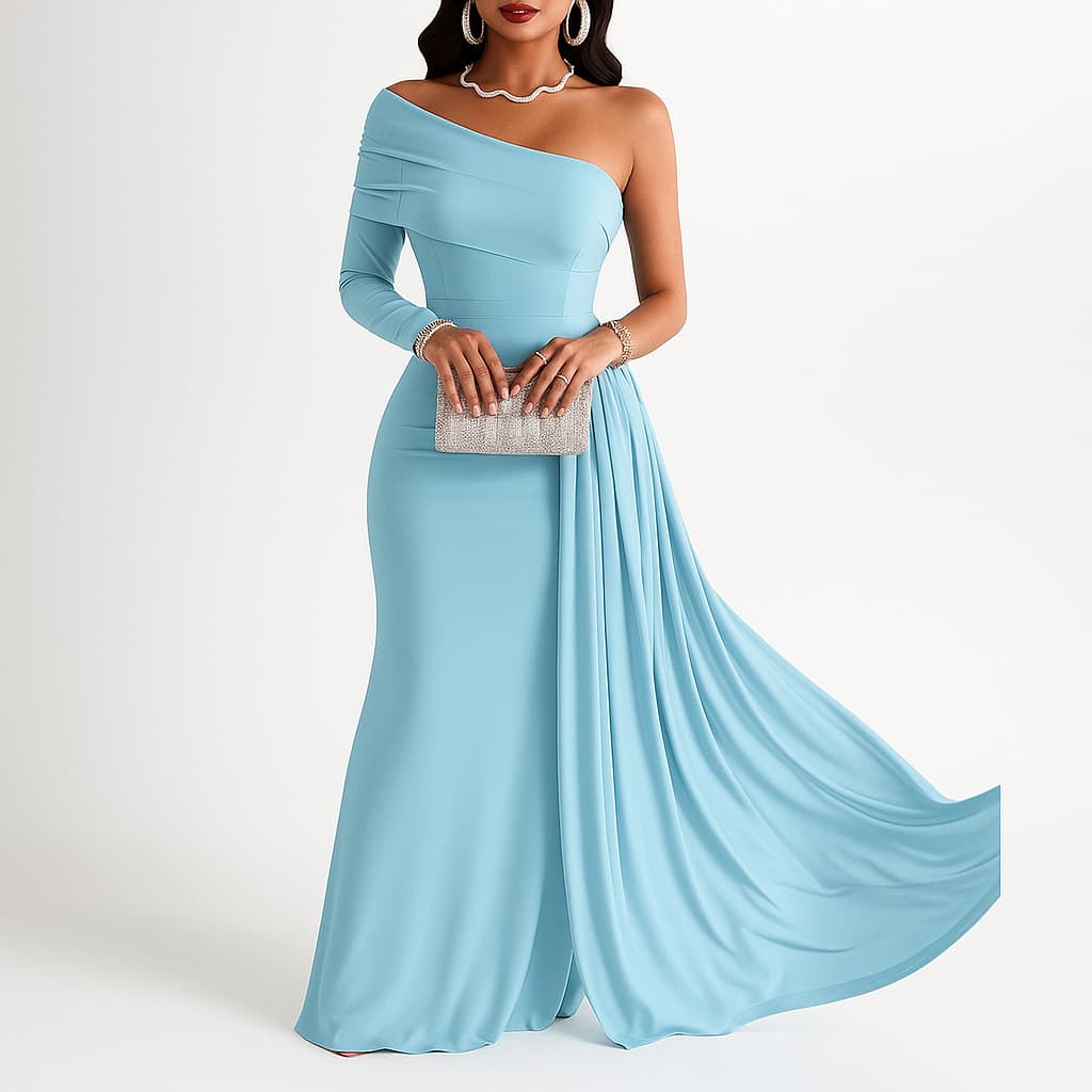 Vestido Longo de Festa Madrinha casamento Formatura  Ombro Único Azul Serenity