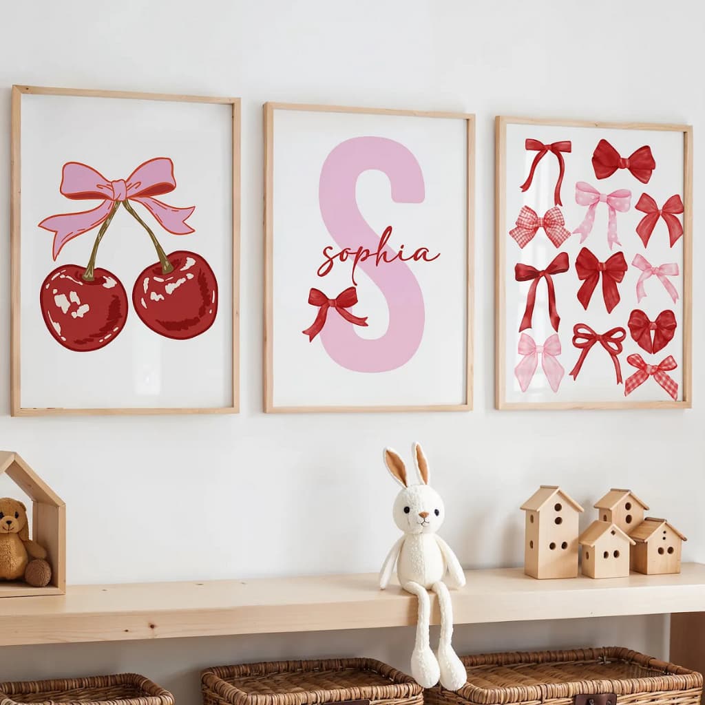 Kit Quadros Decorativos Trio 20x30 Laços com Cerejas Vermelho Nome Personalizado