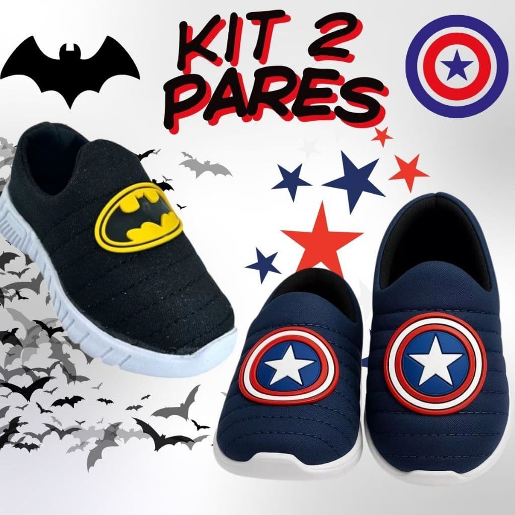 Kit 2 Pares Tênis Infantil Menino Calce Fácil Confortável Antiderrapante Escolar Casual Personagem