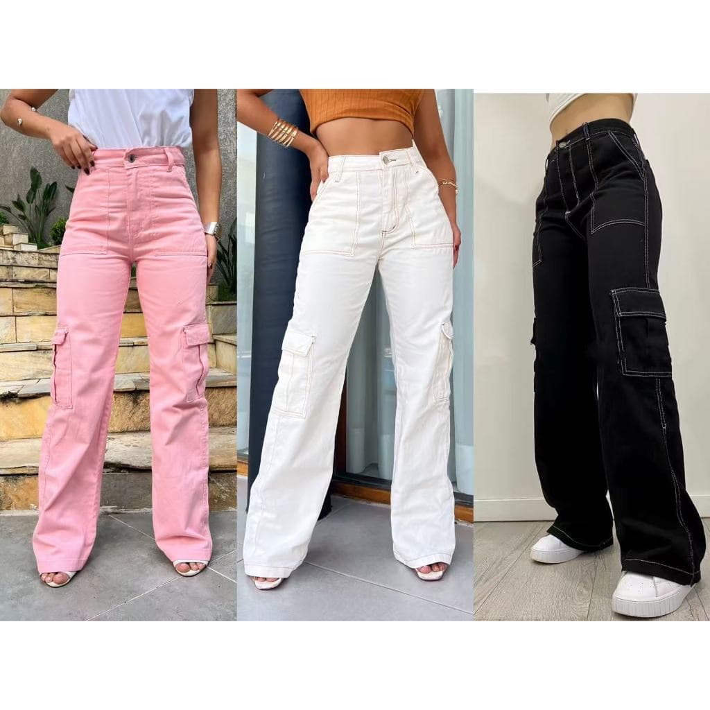 Calça Cargo Calça Jeans wide leg Feminina Moda Street Tecido Algodão Premium