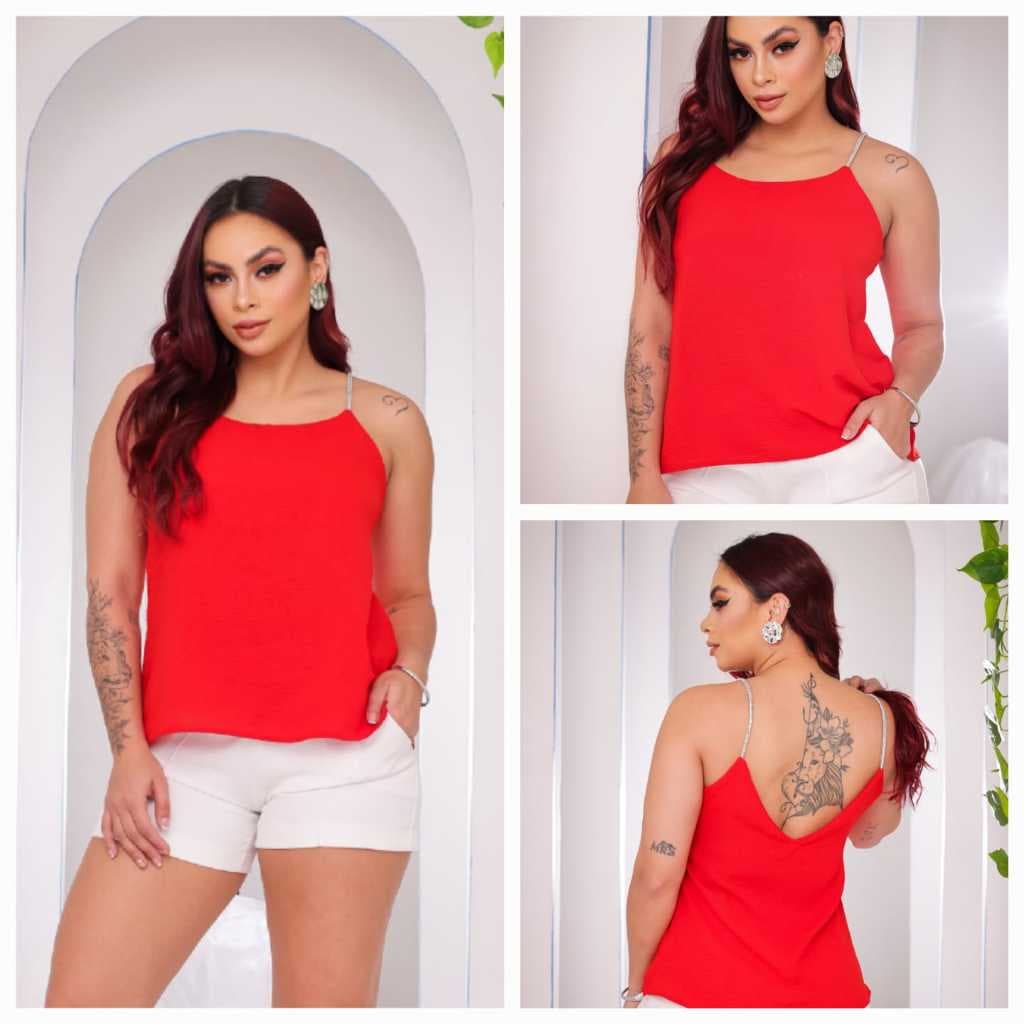Blusa Feminina Duna Alça STRASS Com Brilho Decote V Elegante Confortavel