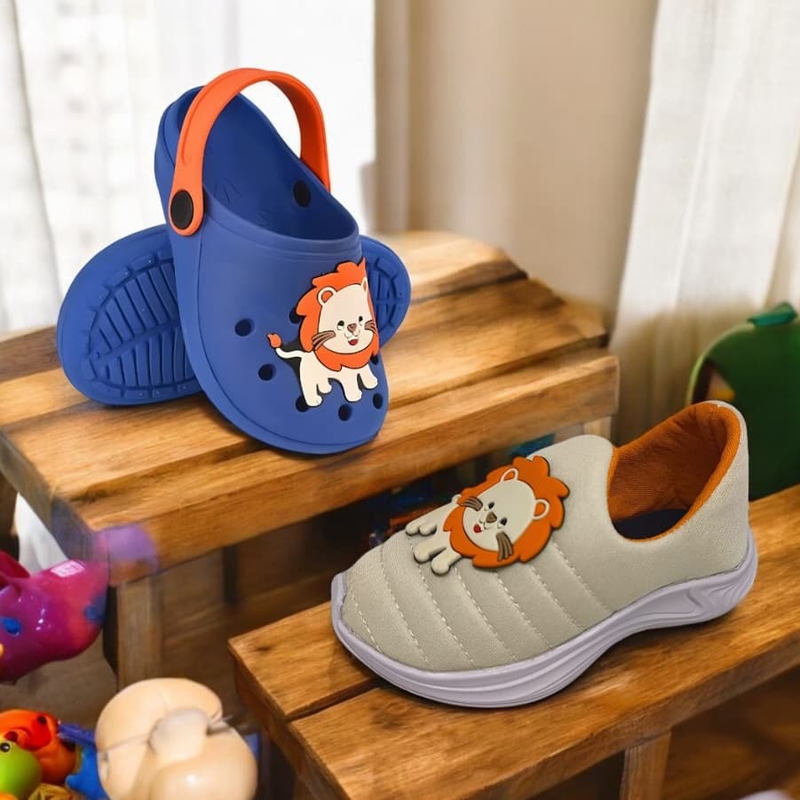 Kit 2 Pares Infantil Menino Tênis Calce Fácil + Babuche Leão Antiderrapante Confortável Escolar