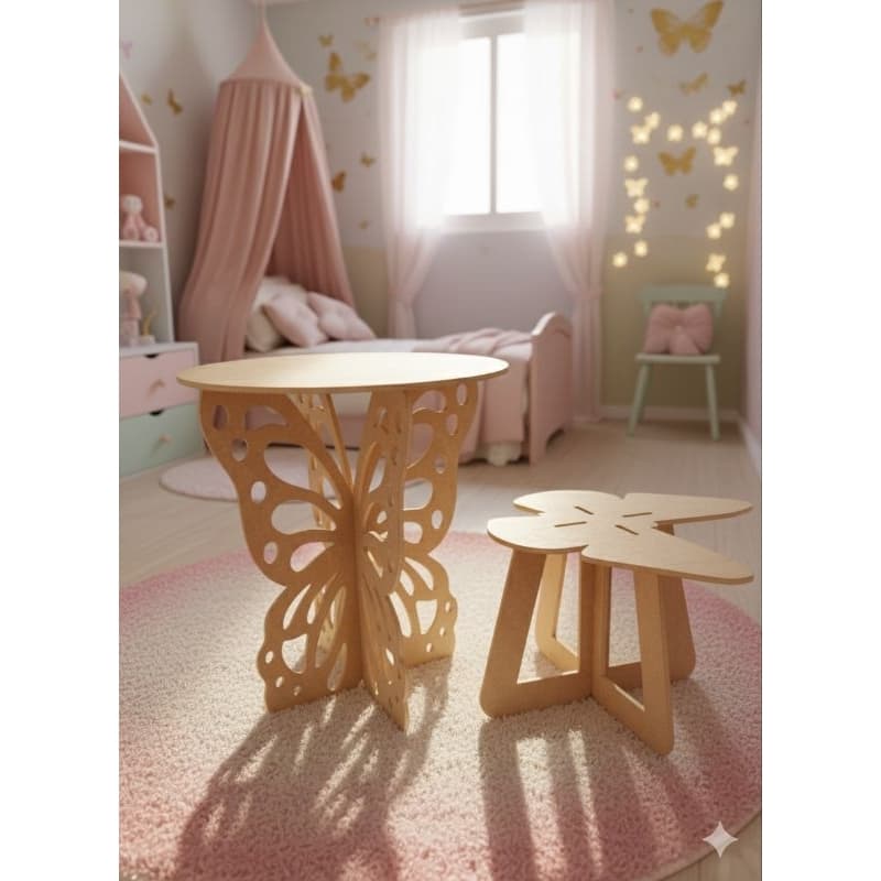 Conjunto Mesa e Banquinho Infantil Borboleta em MDF Cru – Decorativo e Encantador
