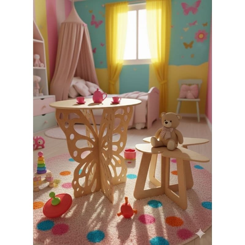 Conjunto Mesa e Banquinho Infantil Borboleta em MDF Cru – Decorativo e Encantador 🪄