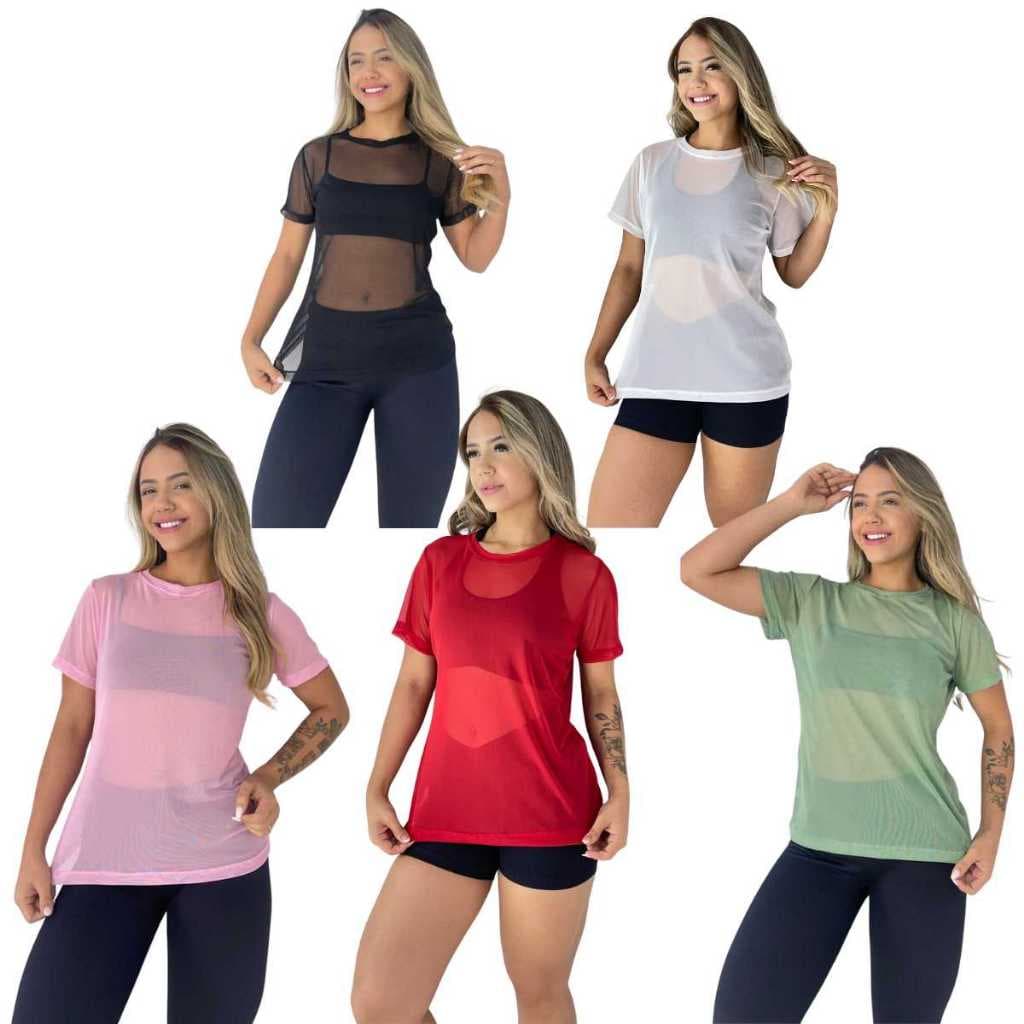 Kit com 5 blusas no tule feminina academia transparente esporte