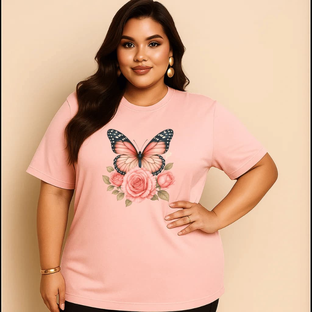 Camiseta Plus Size Feminina Estampada Do P Ao G5  Borboleta 3 Rosas Academia Treino 100% Algodão Premium Verão