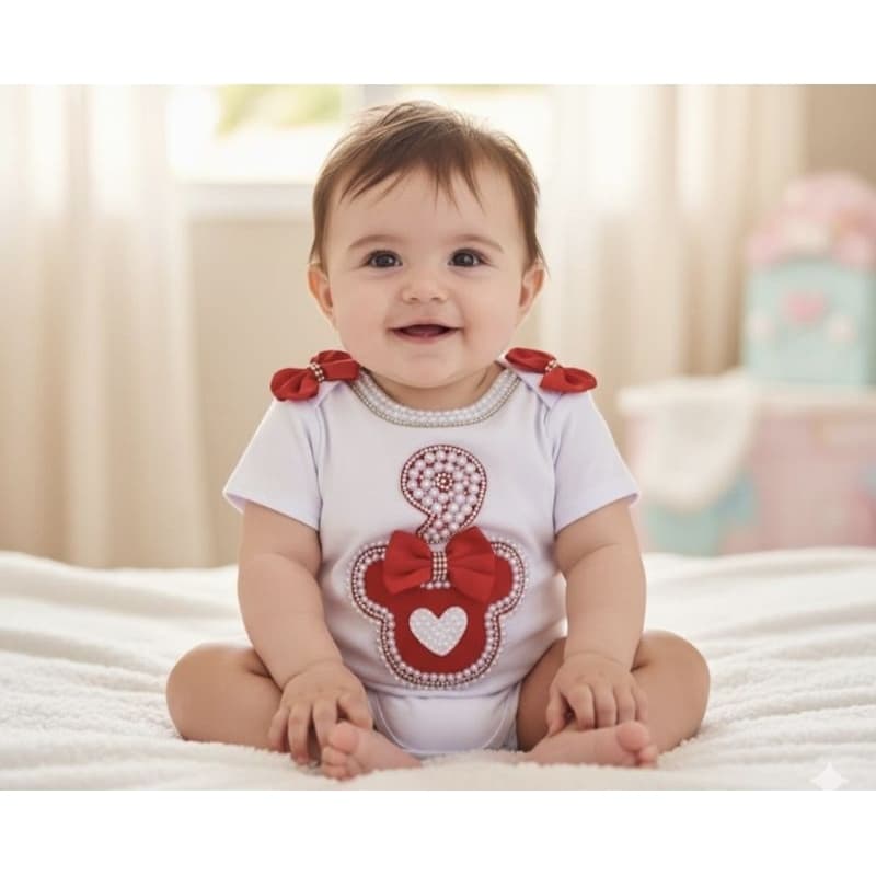 Body Mesversario temático Minnie vermelha e letra/Roupa Infantil.