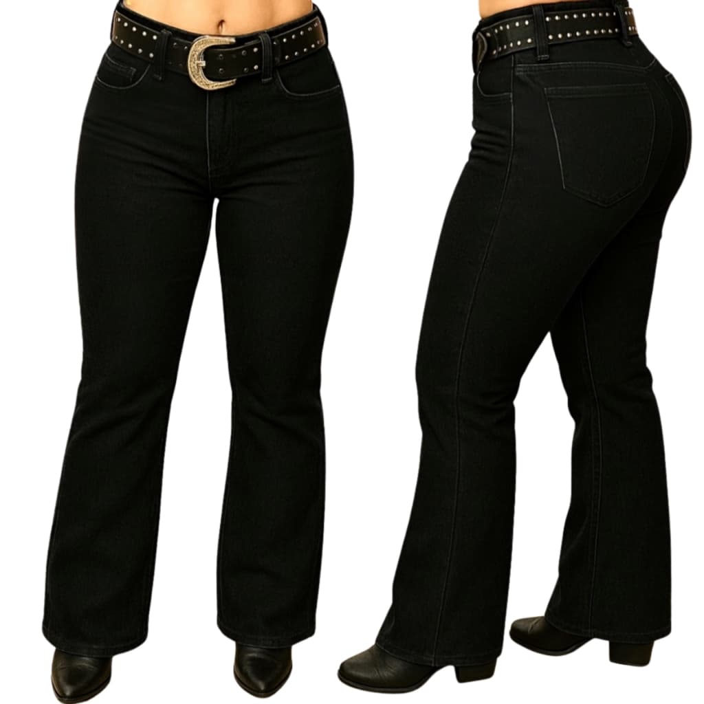 Calça Country Flare Jeans Feminina Preta Lisa Linha Premium Cintura Alta com Lycra Rodeio Cavalgada
