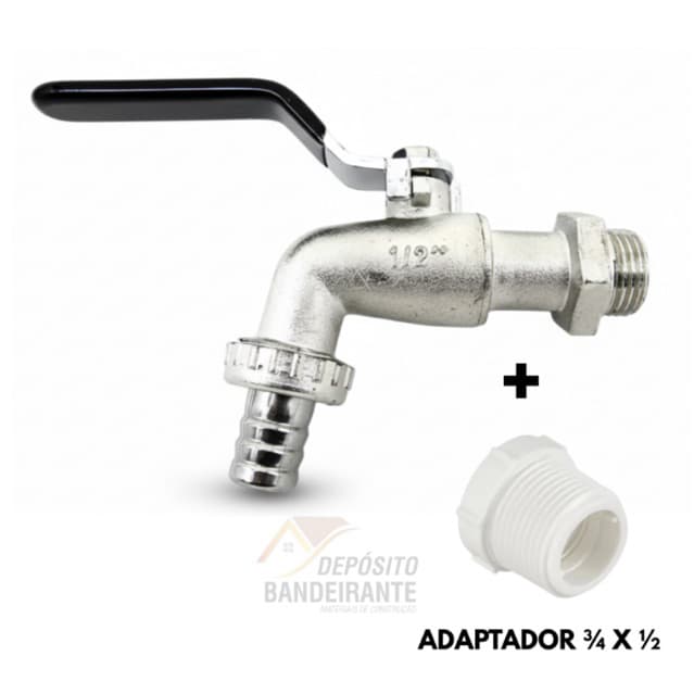 Torneira Esfera Jardim Metal 1/4 de Volta c/ Bico Mangueira + Adaptador 3/4" x 1/2" Externa Quintal