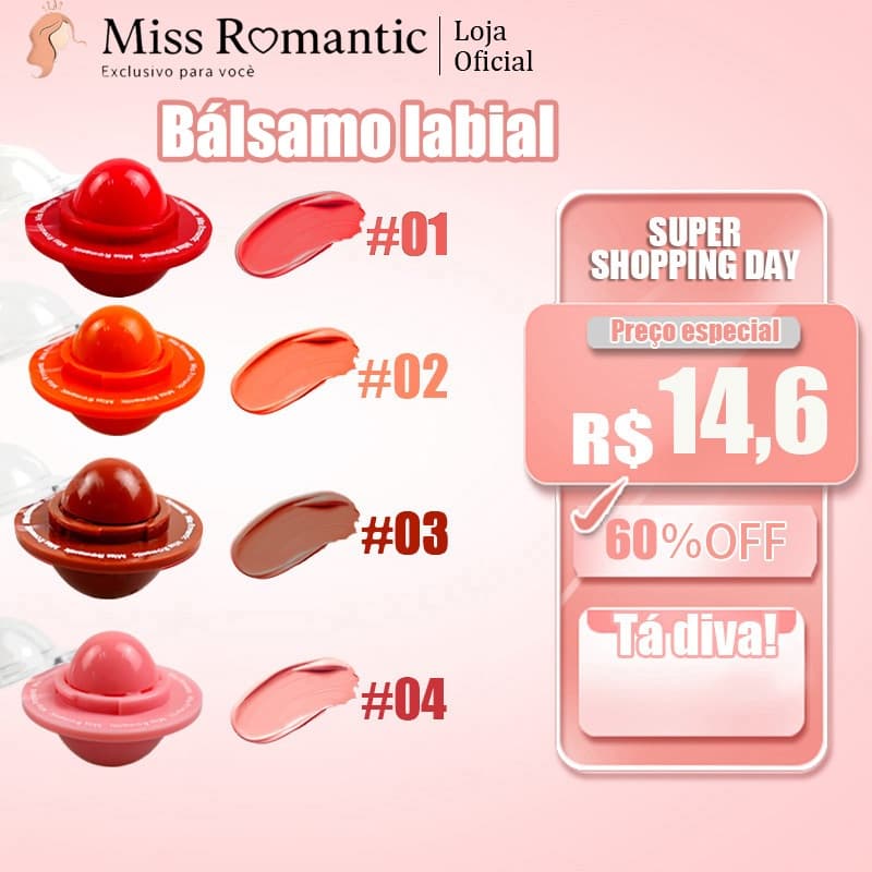 Lip Balm Miss Romantic – 4 Cores Hidratante 💋 Bálsamo Labial com Cor, Longa Duração e Efeito Natural