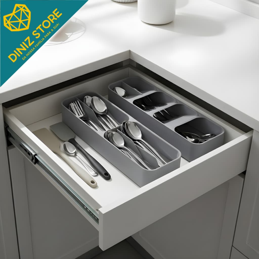 Organizador Talheres Porta Utensilios Plastico Multi Compartimentos Cinza