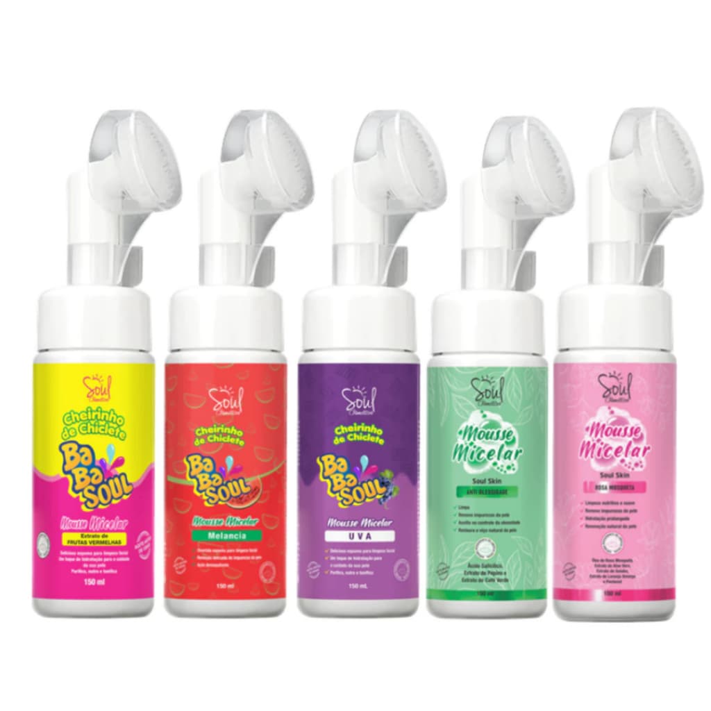 Kit 03  Mousse Micelar Espuma de Limpeza Facial 150 ml Soul Cosméticos - Uva,Melancia,Tutti fruit