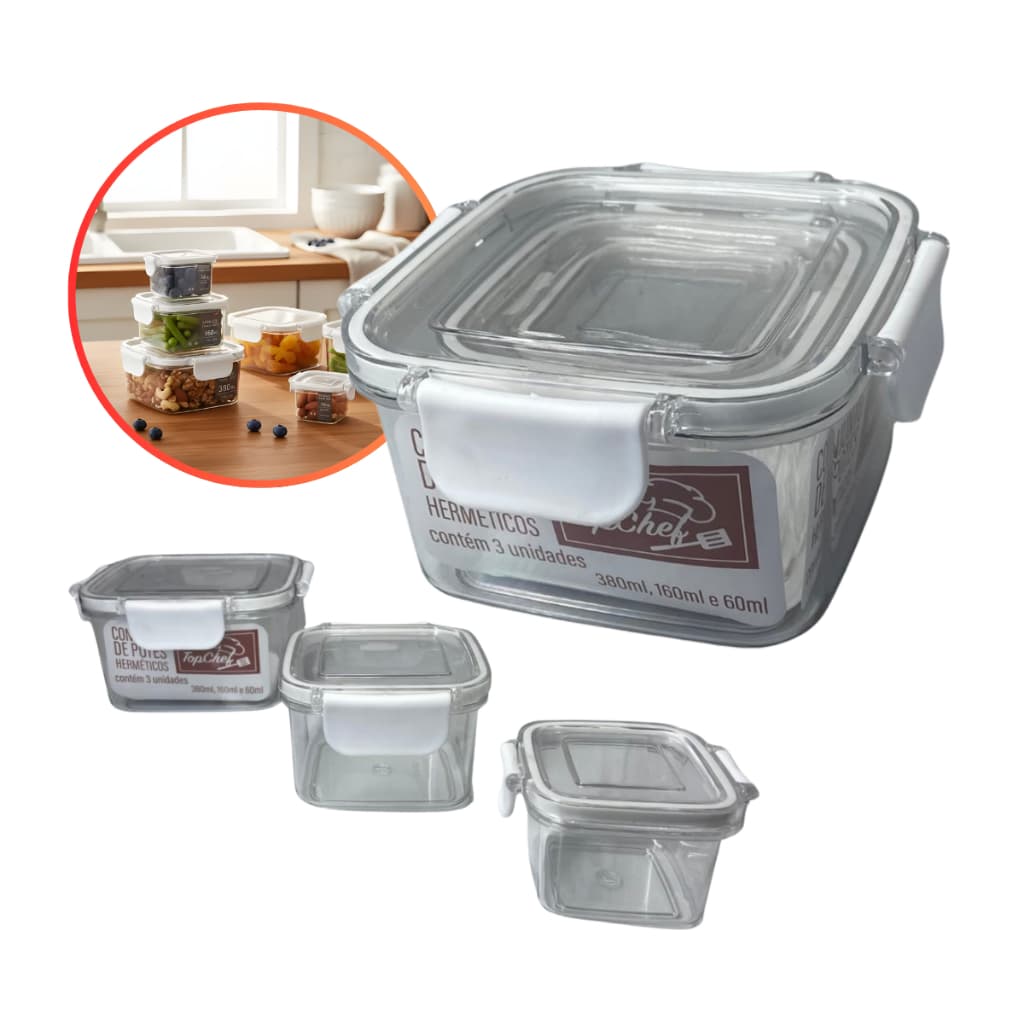 Conjunto 3 Potes Herméticos Quadrados Plástico Com Tampa Vedação Alimentos