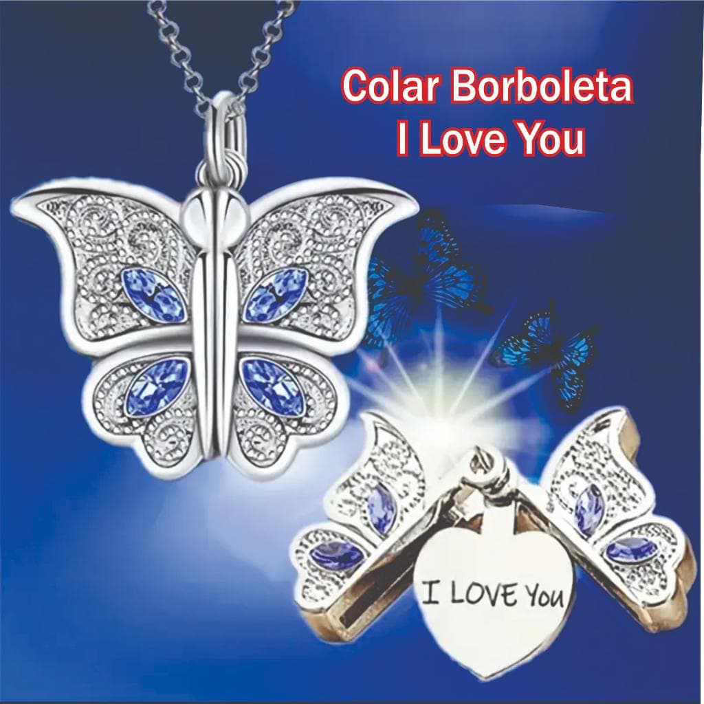 Colar Pingente Relicário Borboleta - I Love You