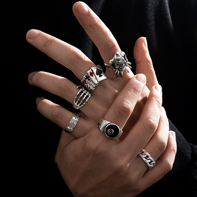 Conjunto de 6 peças unissex de liga punk exagerada, caveira fantasma, garra, palhaço, preto, 8 redondos