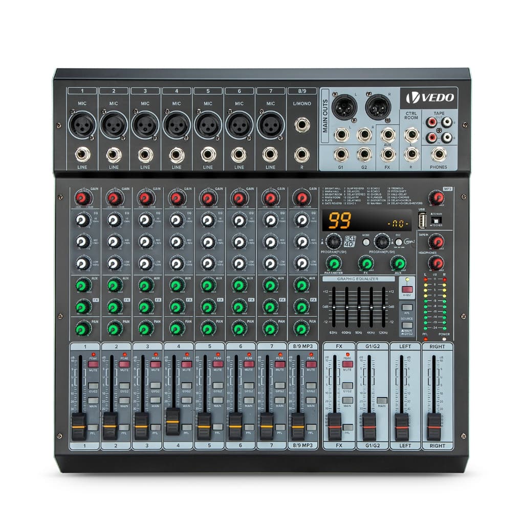 VEDO 9 Canais Mesas De Som 99DSP Bluetooth Mixer De áudio PFL/MUTE/AUX Usb +48V Display Digital e Função De Gravação