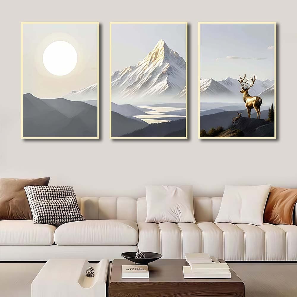 Quadros Decorativos 3 Peqas Montanha Sol Veado Dourado Para Quadro Sala E Decoração Para Quarto E Casa​