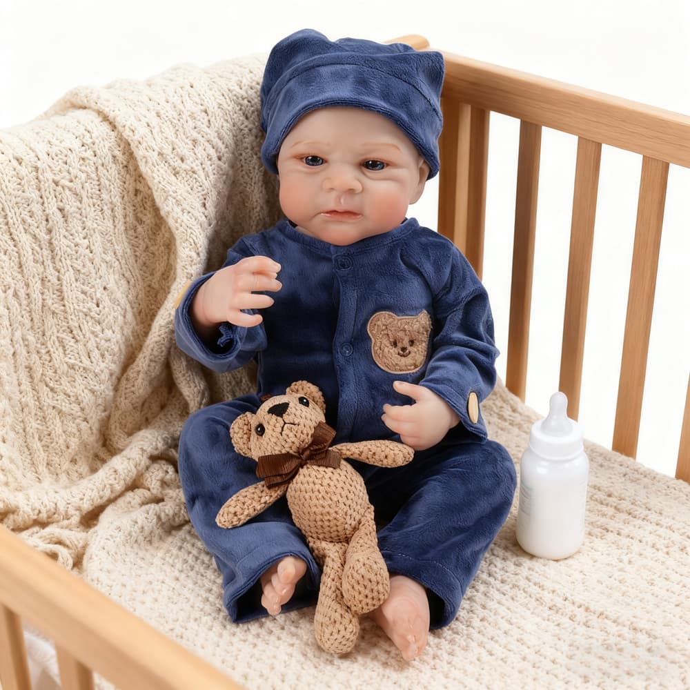 Boneca Bebê Reborn Silicone 48cm Menino Urso Azul Pode dar Banho