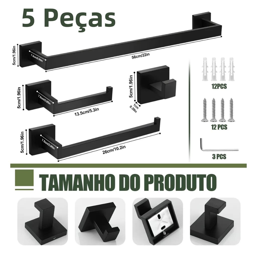 Kit Acessórios Para Banheiro Completo 5 Peças Inox 60cm Toalheiro De Banheiro Preto/ Cromado