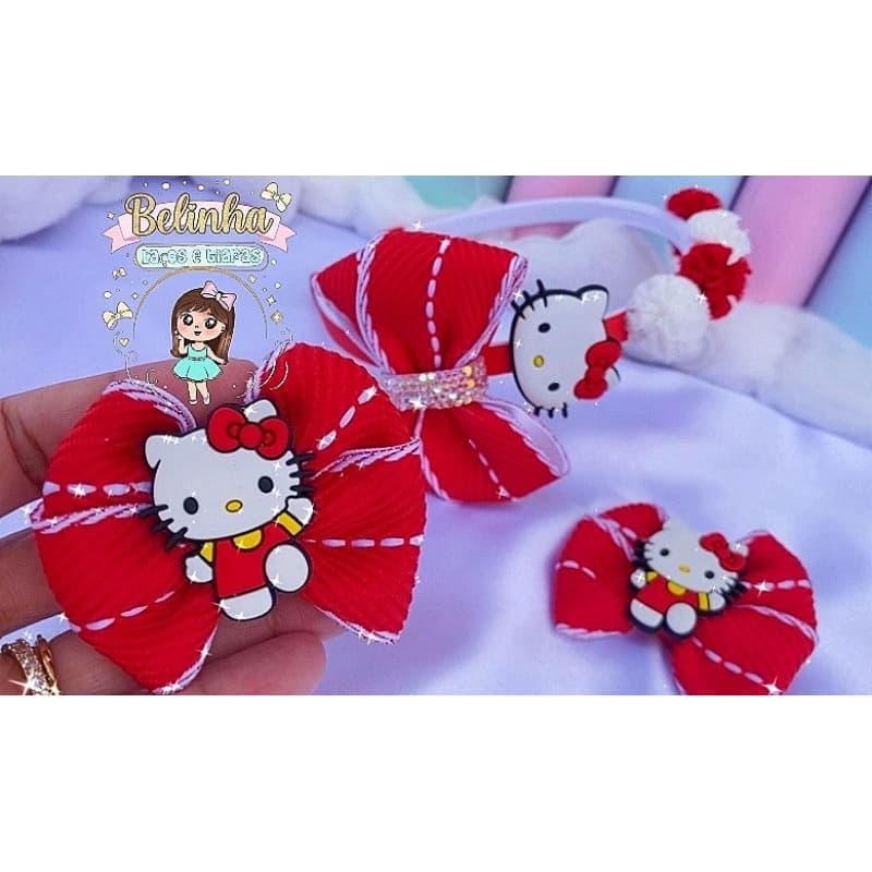 Kit Acessórios Hello Kitty Infantil – Tiara Pompom + Laço de Cabelo Menina Luxo Personagem