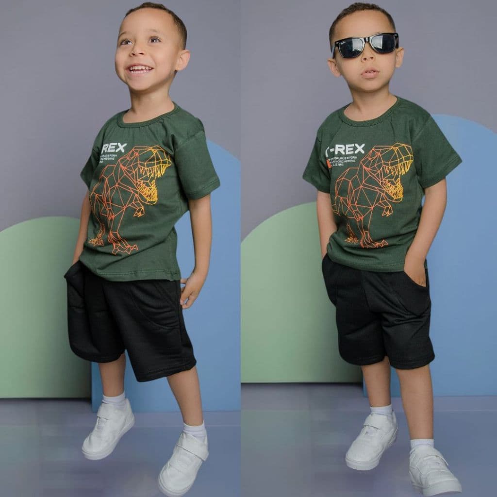 Conjunto Infantil Menino Juvenil Verão Estiloso bermuda e Blusa 100% algodão Veste Do 2 até 12 anos
