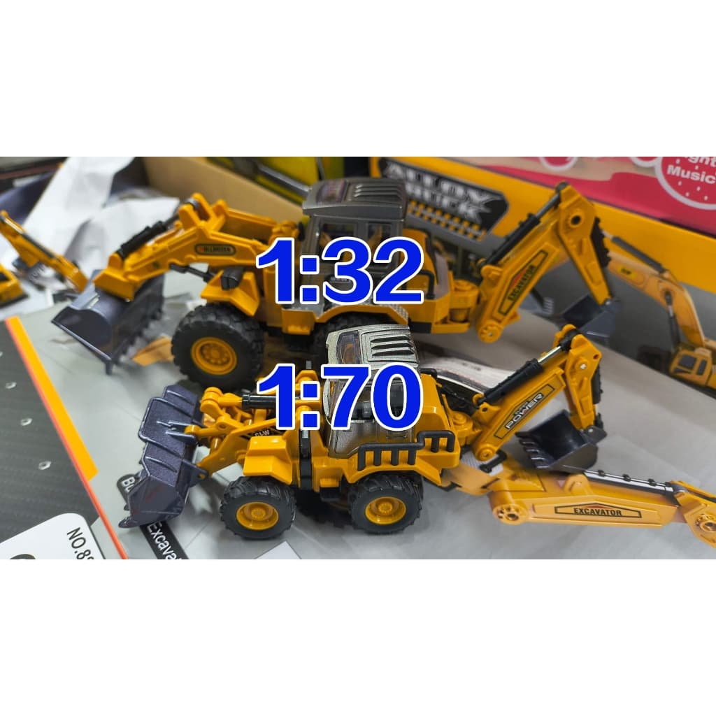 Carrinho Trator Retroescavadeira Articulação Realista Pneus de Borracha Pá de Metal de Cast 1:70 1:32