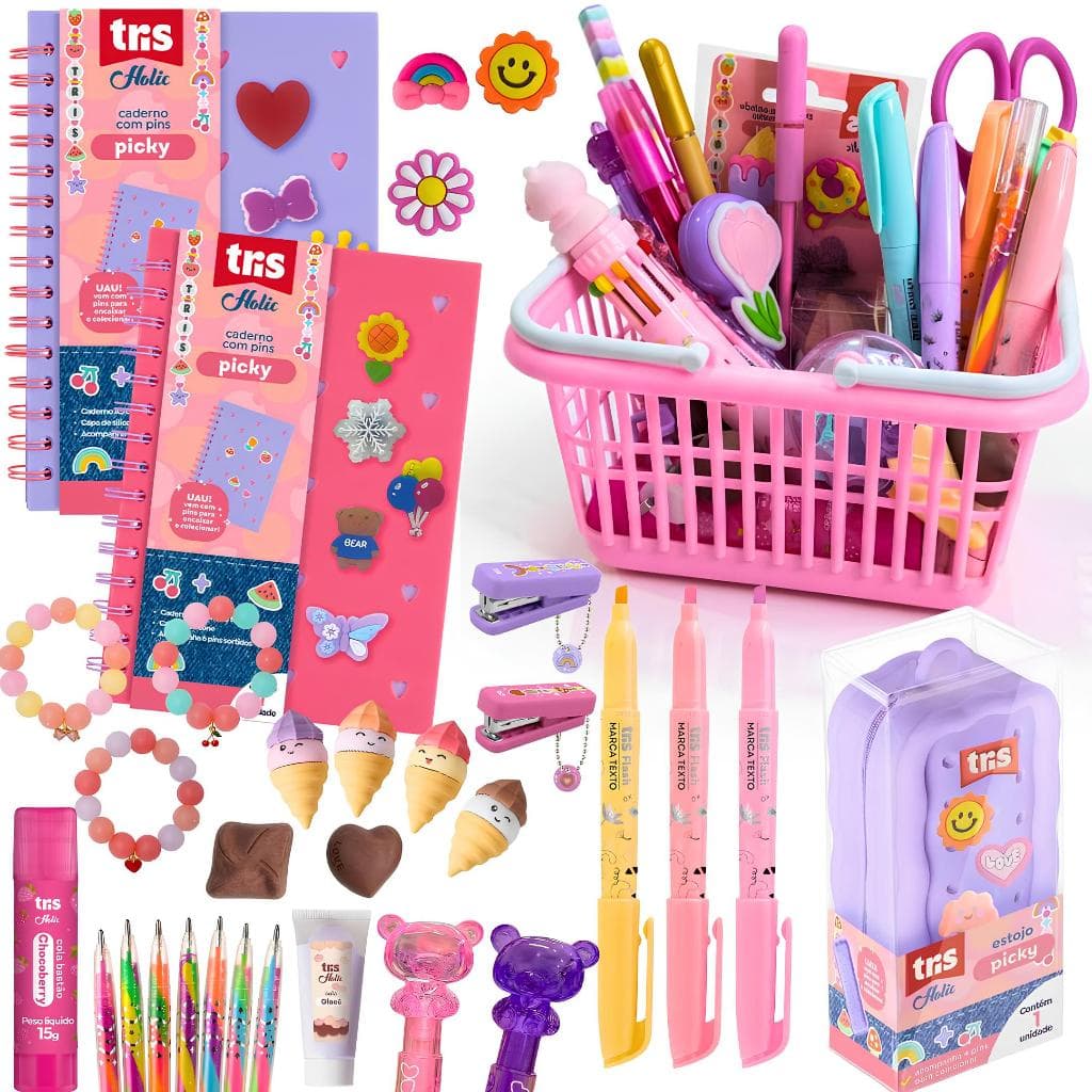 Kit Papelaria Fofa Kawaii caixa com 15 Itens Presente Criativo Marca texto canetas fofas estojo caderno adesivos post it