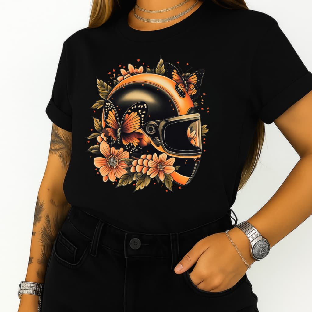 Camiseta Feminina Motoqueira Capacete Borboletas Flores Moto Biker 100% Algodão Plus Size